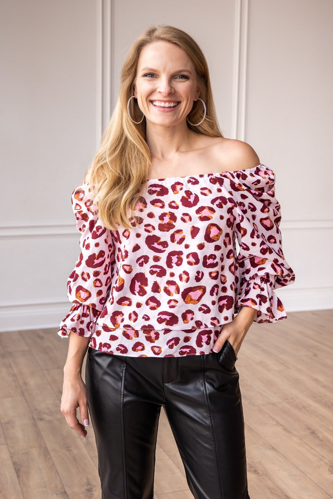 Pink Cheetah Off Shoulder Top
