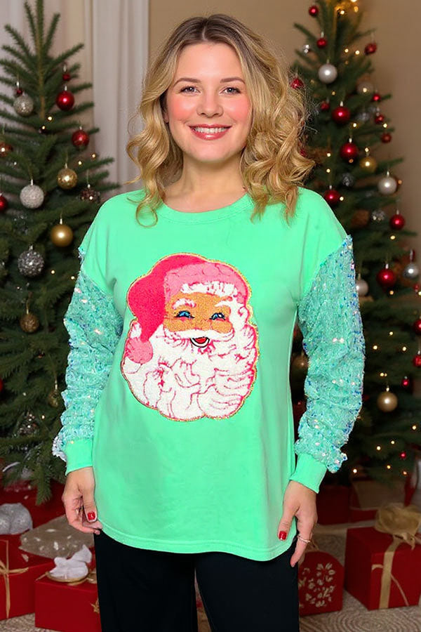 Christmas Santa Claus mint sequin long sleeve Blouse
