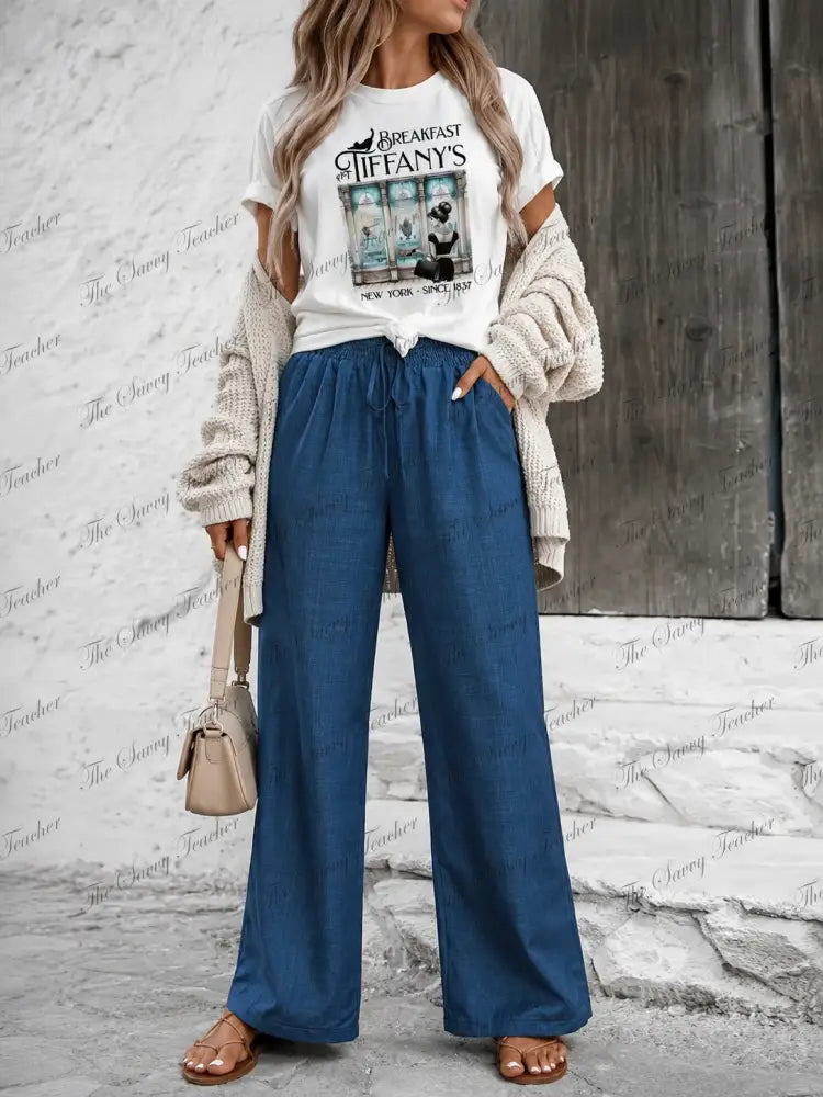 Blue Chambray Wide Leg Pants - Pants
