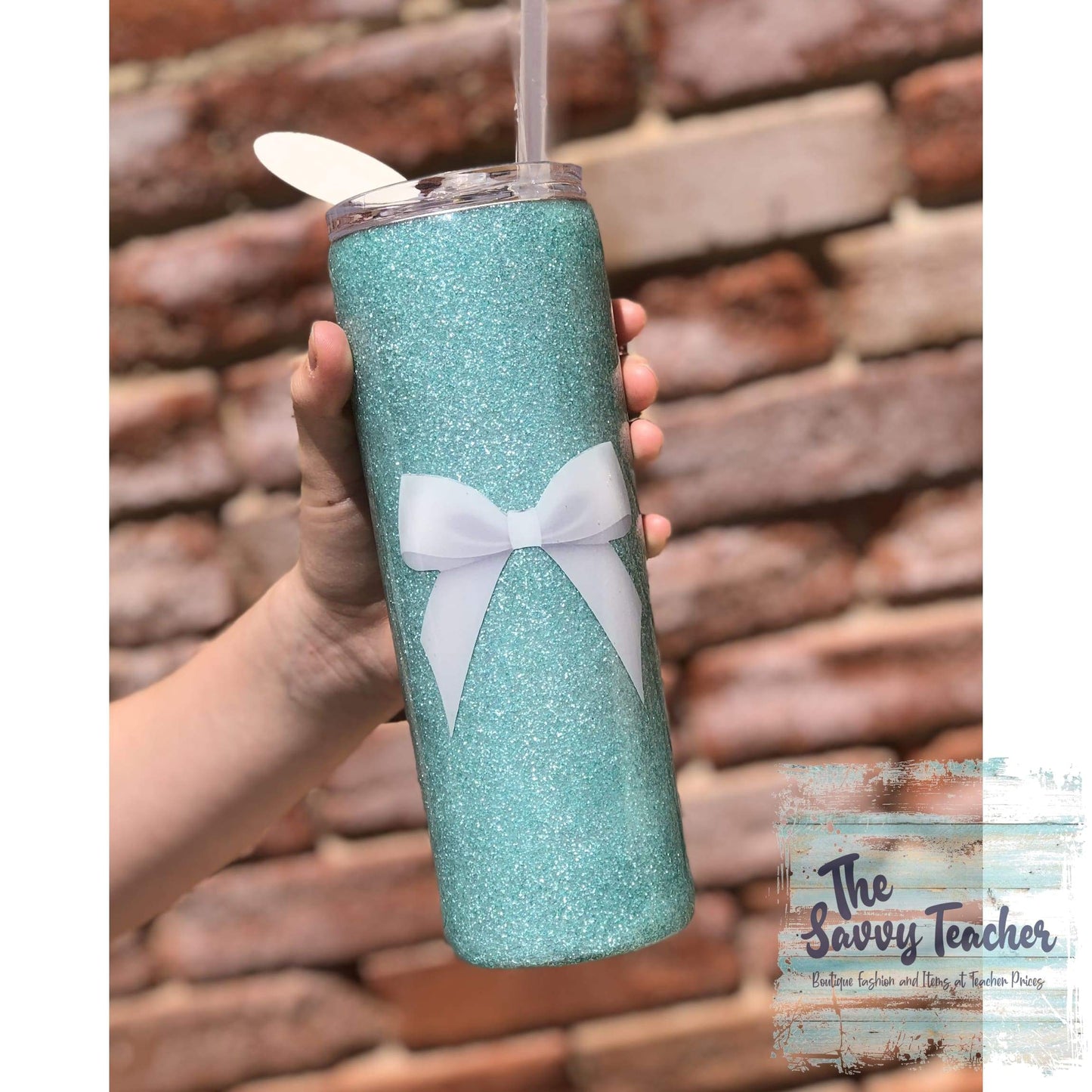 Mint glitter tumbler with white bow - Tumblers