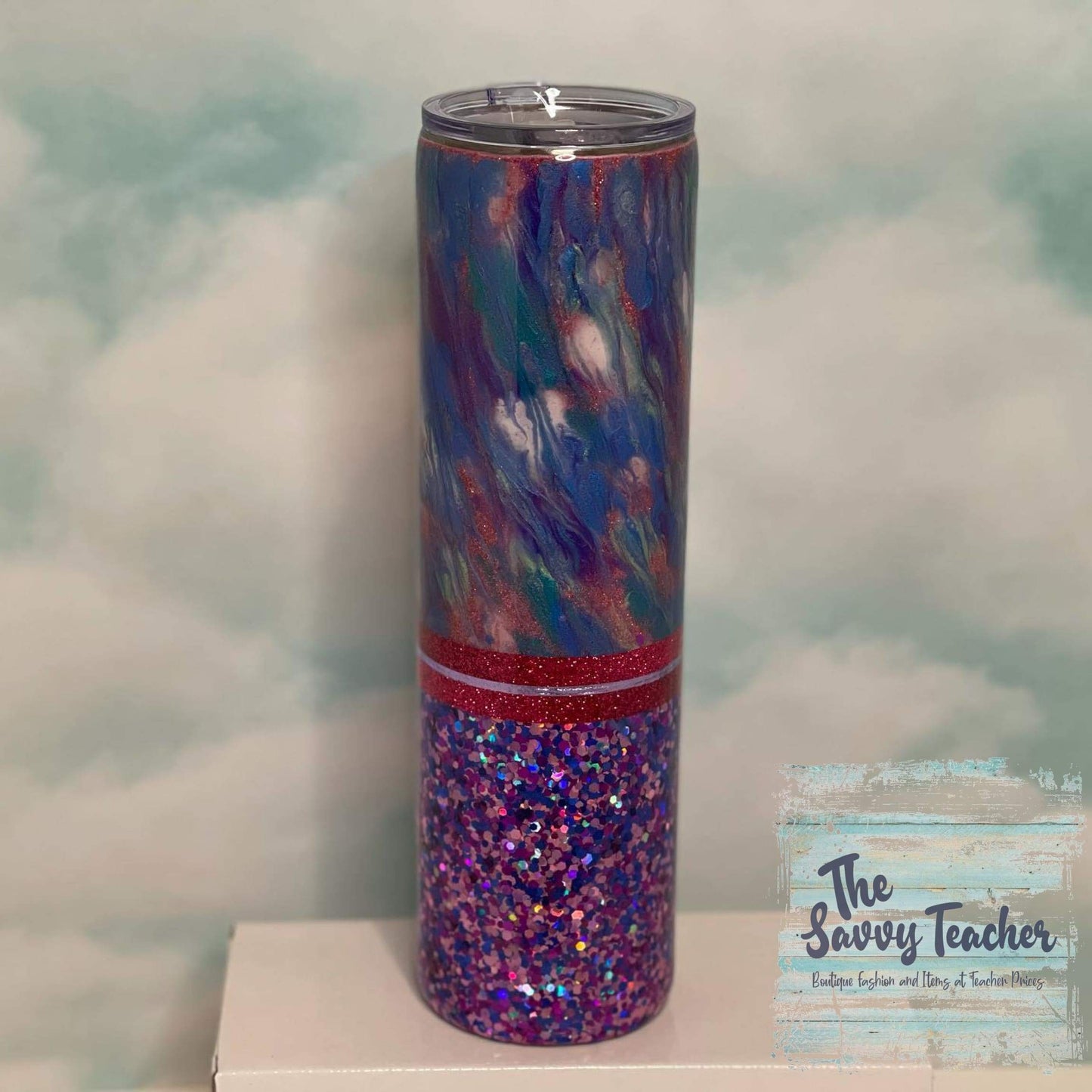 Pink and purple glitter tumbler with abstract painting -