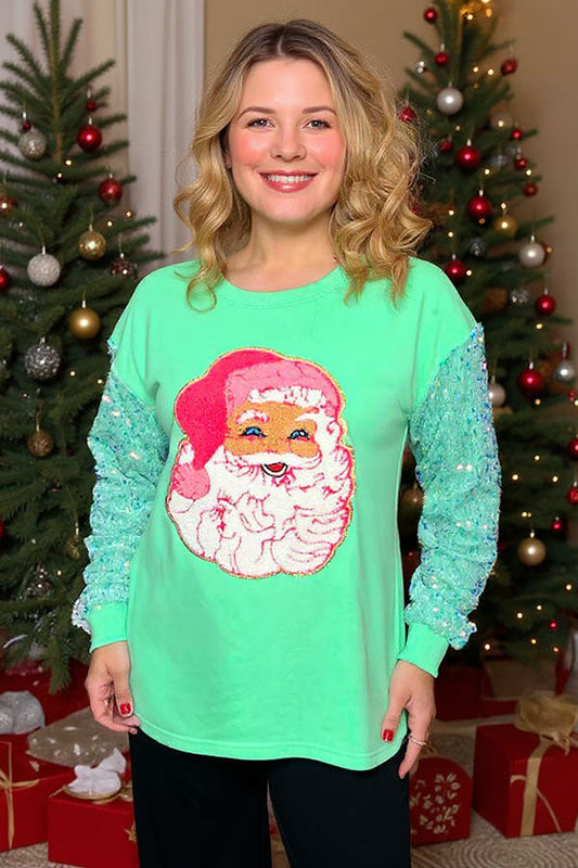 Christmas Santa Claus mint sequin long sleeve Blouse
