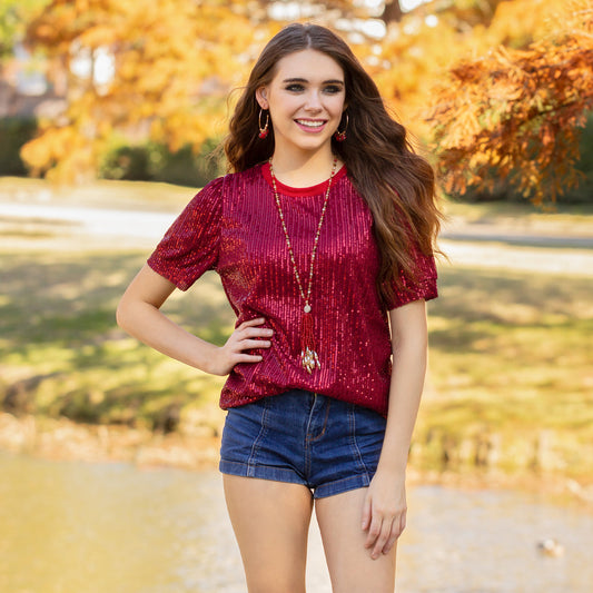 red sequin short sleeve blouse