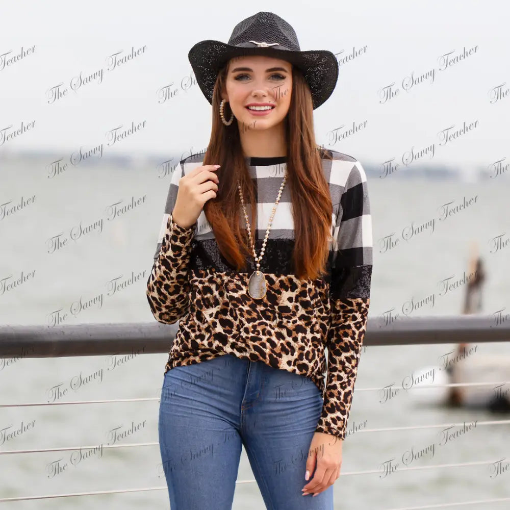 black plaid with cheetah print - Small - Shirts & Tops