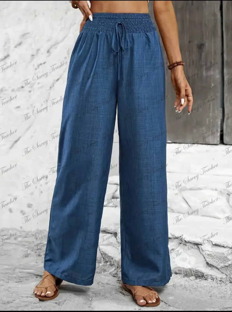 Blue Chambray Wide Leg Pants - Small - 4 - Pants