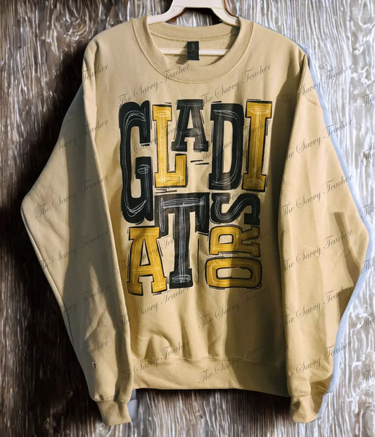 Beige sweatshirt with 'GLADIATOR' text on a wooden surface
