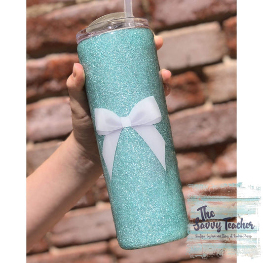 Mint glitter tumbler with white bow - Tumblers