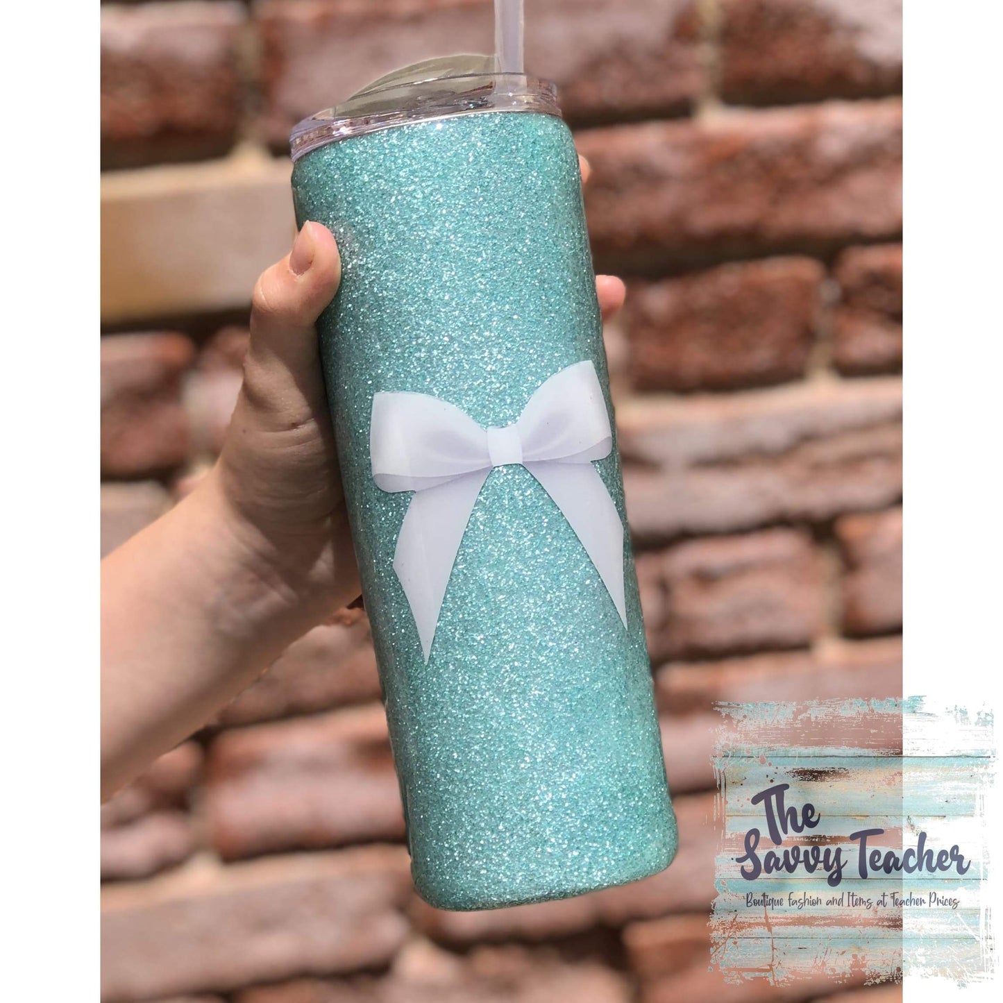 Mint glitter tumbler with white bow - Tumblers